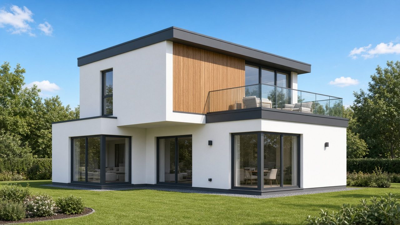 Fertighaus mit Holzfassade in grüner Umgebung
